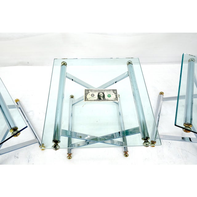 Transparent Set of 3 Chrome X Bases Square Glass Tops Occasional Side End Lamp Tables For Sale - Image 8 of 11