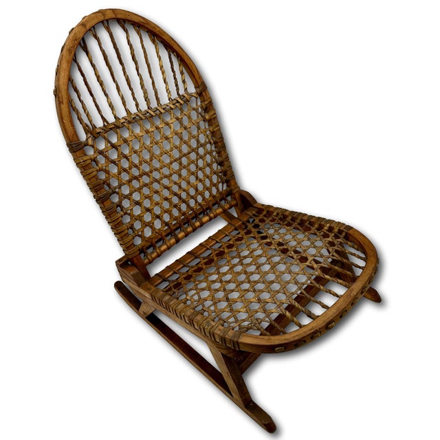 Vintage Tubbs Vermont Made "Snow Shoe" Style Stream Bent Ash Wood & Hand Woven Hide Canoe & Camping Folding Chair For Sale - Image 12 of 18