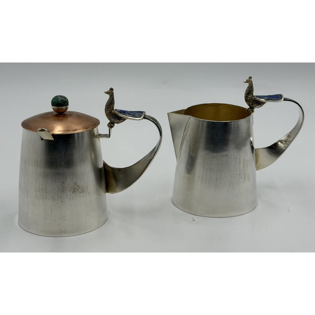 Silver 1970s Wolmar Castillo "Peacock" Creamer, Sugar Pot & Ladle W/ Malachite & Lapis Inlay For Sale - Image 8 of 18