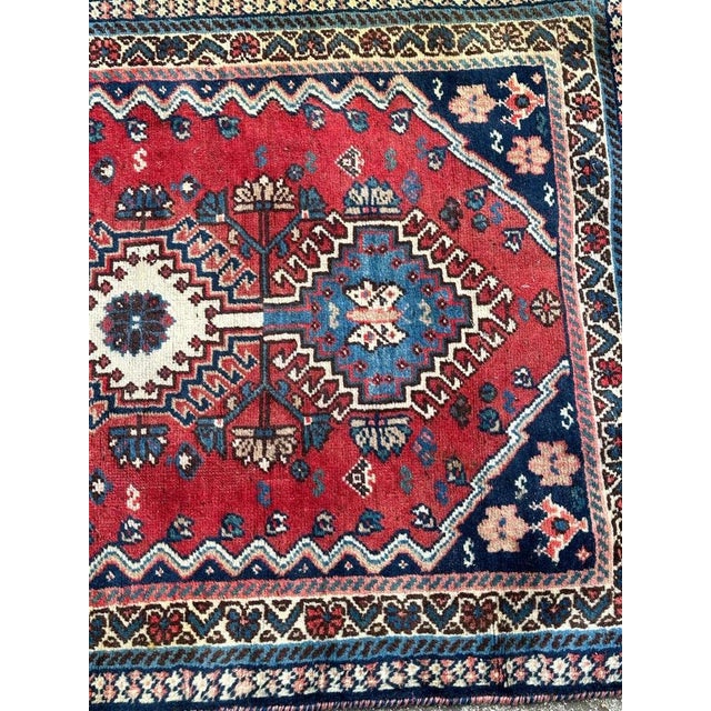 Pretty mid century Yalameh rug with a nice geometrical and tribal design and beautiful colours with red background, blue,...