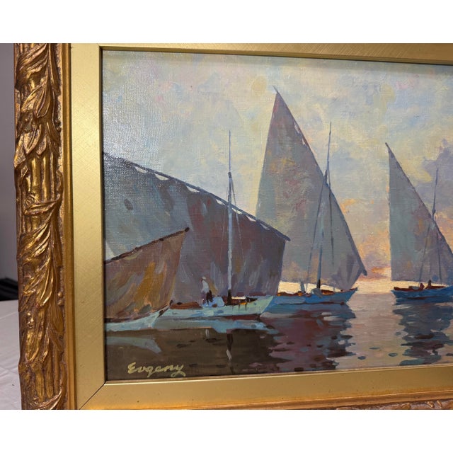 1980s Vintage Original Evgeny Expressionism Nautical Sail Boat Oil Painting on Canvas For Sale - Image 5 of 14