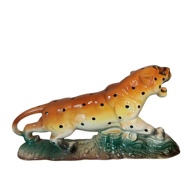 Vintage Ceramic Leopard Cheetah Statue Figurine on Green & Brown Base Made in Japan Approximately 12" X 3" x 6" Weighs...