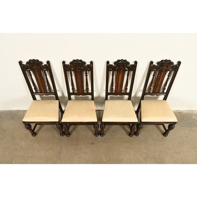 1920s Berkey & Gay Antique English Jacobean Carved Walnut Dining Chairs, Set of Four For Sale - Image 5 of 13