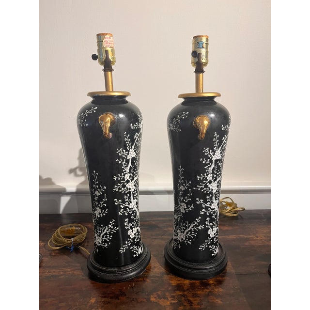 1970s Chinoiserie Black and White Cherry Blossom Tall Lamps With Gold Elephant Head Rings - A Pair For Sale - Image 4 of 11