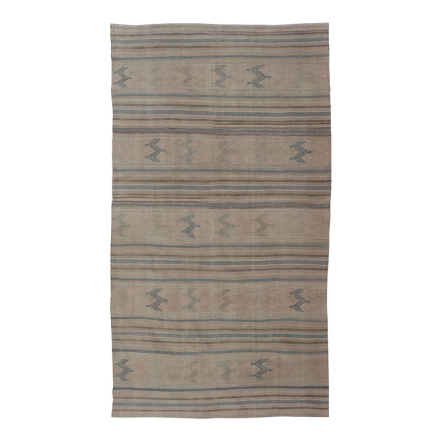 Turkish Vintage Kilim With Embroidered Motifs in Light Tan, Blue L. Brown For Sale