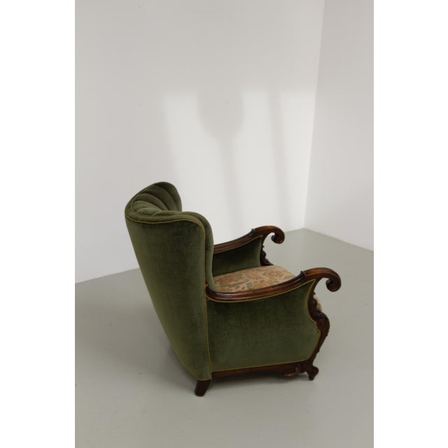 Green Danish Carved Lounge Chair in Green Velvet, 1920s For Sale - Image 8 of 18