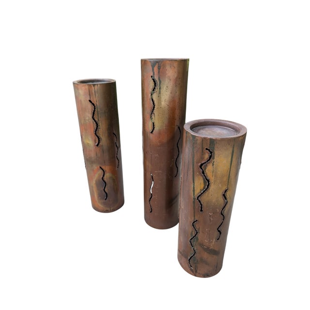 Metal 1960s Brutalist Torched Cut Copper Metal Pillar Candle Holders-Set of 3 For Sale - Image 7 of 12
