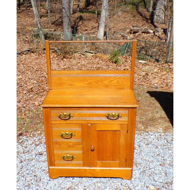 Antique Solid Oak Chest Commode Washstand W/ Towel Bar Country Farmhouse Cabinet For Sale - Image 13 of 18
