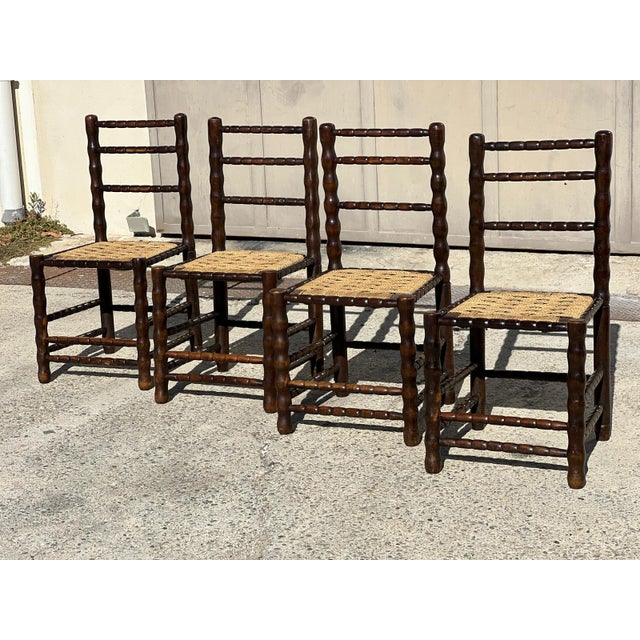 Mid-Century Modern Turned Wood Spool Chairs attributed to Charles Dudouyt, 1940s, Set of 4 For Sale - Image 3 of 11
