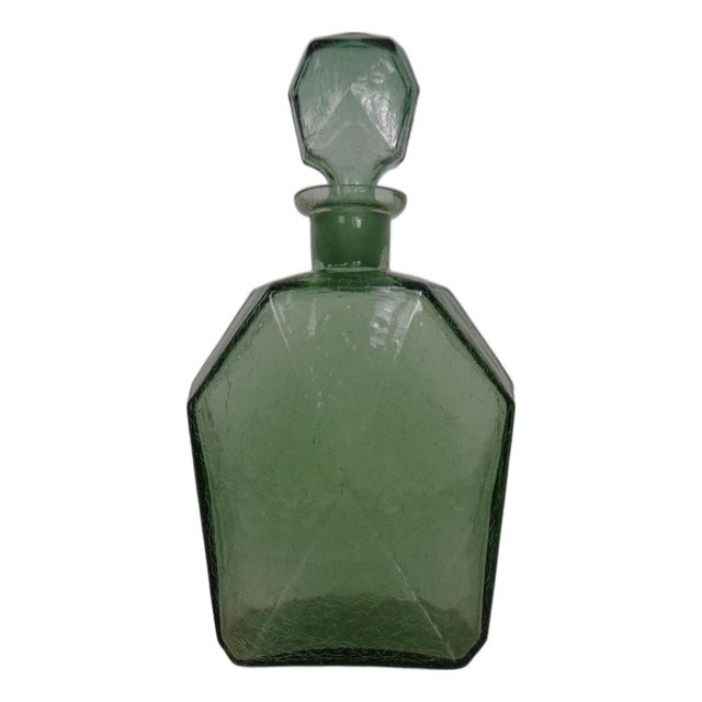 Green Craquele Glass Decanter with Stopper, France, 1960s For Sale