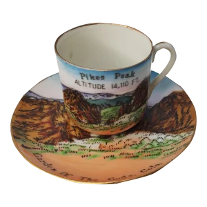 Mid Century Enco n.y.c. Japan Hand Painted Pikes Peak/Garden of the Gods Souvenir Porcelain Cup & Saucer