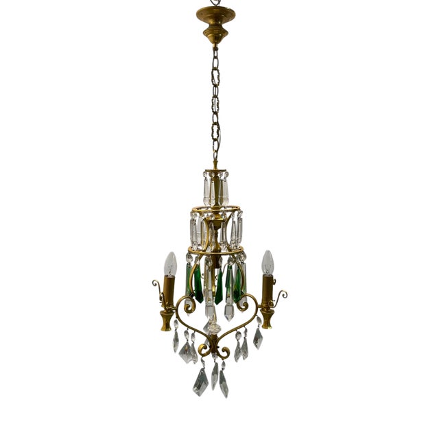 Brass and Green Crystal Chandelier, 1960s For Sale