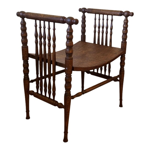 19th Century American Oak Bench With Bobbin Turned Sides and Shaped Seat. For Sale