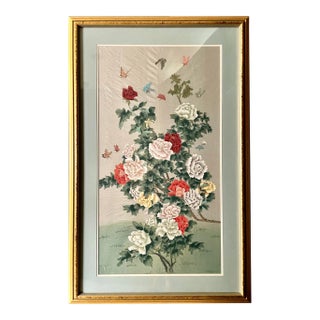 Late 20th Century Original Chinoiserie Asian Framed Floral Painting For Sale