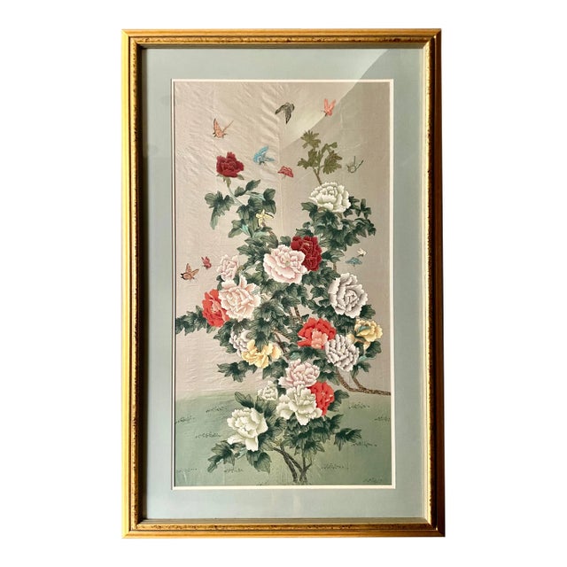 Late 20th Century Original Chinoiserie Asian Framed Floral Painting For Sale