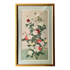 Late 20th Century Original Chinoiserie Asian Framed Floral Painting