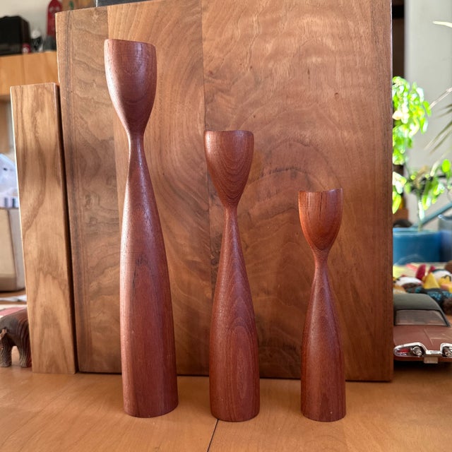 Beautiful grain on these vintage teak Danish candle holders. 1960s vintage in very good vintage condition. 11.5 inches...
