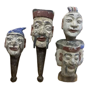 19th Century Chinese Hand Carved Wooden Puppet Heads