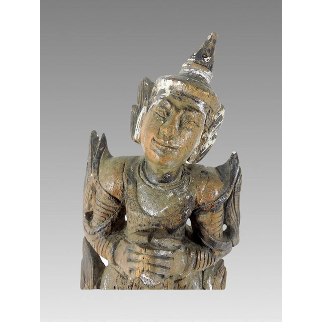 Brown Late 19th Century Antique 'Teppanom' Temple Angel, Wood Statue Figure (Thailand) For Sale - Image 8 of 10