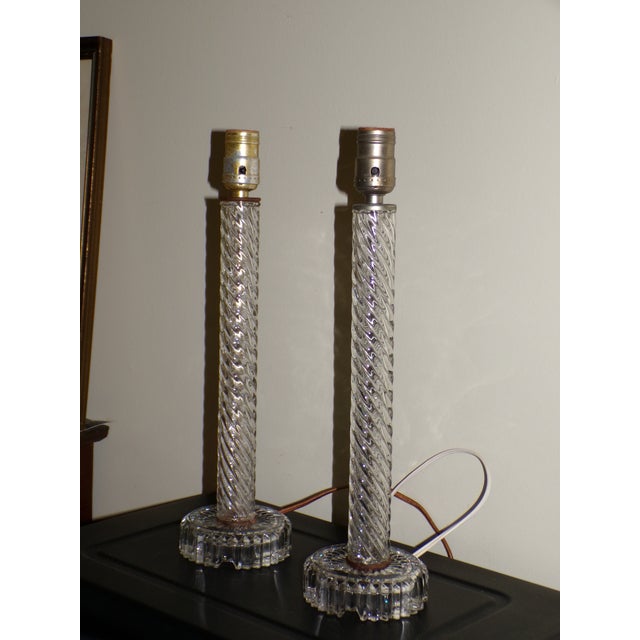 Vintage Pair Art Deco Twisted Glass Column Candlestick Table Lamps, Early 20th C. Crystal clear glass table lamps feature...