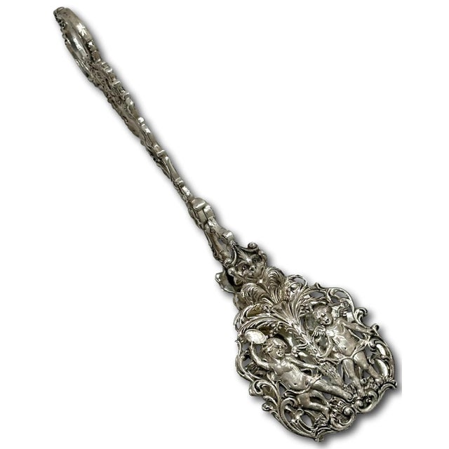 Rococo Fancy Antique Signed Peruzzi Italy Rococo Style Solid 800 Grade Coin Silver Pastry - Cannoli Serving Tongs For Sale - Image 3 of 12