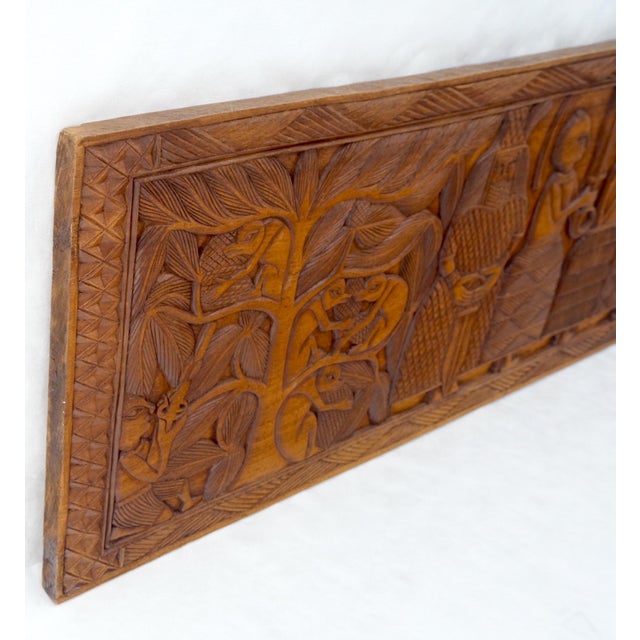 Carved Solid Teak Long Rectangle Wall Plaque Relief Sculpture Depicting Villager For Sale - Image 14 of 14
