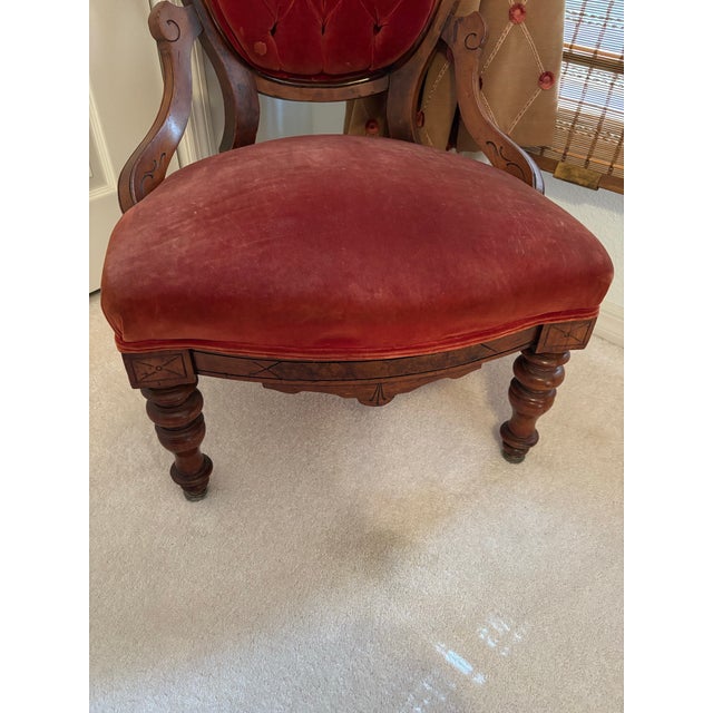 Red Antique Victorian Renaissance Revival Carved Walnut Armchair, Circa 1880 For Sale - Image 8 of 10