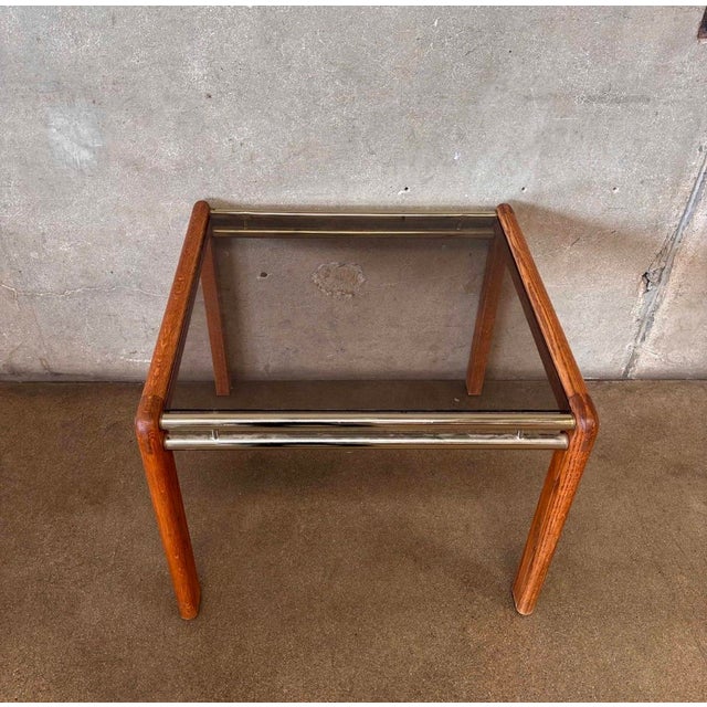Vintage Post Modern Oak + Smoked Glass Side Table For Sale - Image 4 of 6
