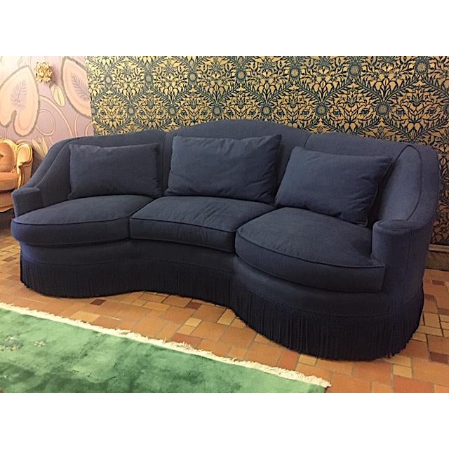 Navy Micro Velvet Vintage Custom Curved Backed Henredon Sofa With