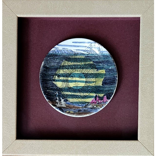 Piero Fornasetti “12 Mesi, 12 Soli” Porcelain Coaster, April, Sun as a Fish, Framed For Sale In Philadelphia - Image 6 of 6