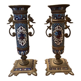 Antique Champleve Candleholders, 19th C. French, Blue, Similar to Cloisonné, Two For Sale