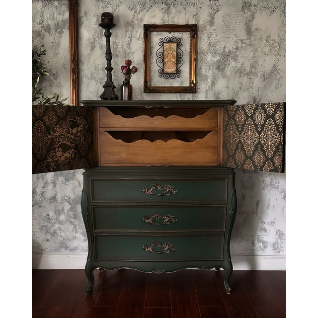 Gothic 1960s Century French Provincial Bombé Highboy — Hand Finished Forest Green, Bronze, Skull & Rose Damask Interior For Sale - Image 3 of 8