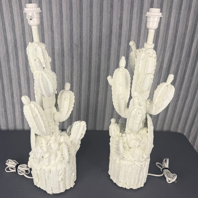 1990s Hand Carved Wood Cactus Lamps Finished in White Plaster - A Pair For Sale - Image 4 of 7