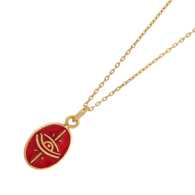 Metal Minimalist Red Enamel Evil Eye Pendant Gold Chain Necklace For Sale - Image 7 of 8
