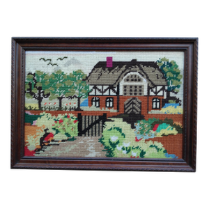 1990s Tudor Country Cottage Framed Needlepoint Picture