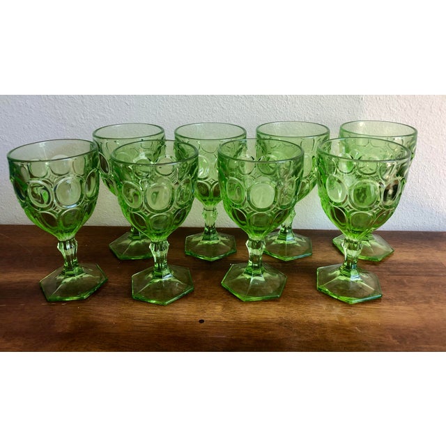 Mid-Century Modern Fostoria Moonstone Green Water Glasses Set 8 For Sale - Image 3 of 12