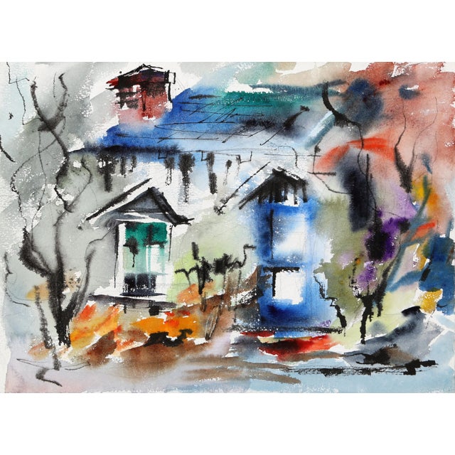 Plastered in bright bursts of blue, green, red, and orange, the white house in this Eve Nethercott watercolor is charming...