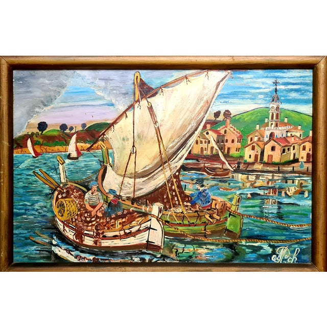 Naïve Style Harbour Scene with Fishing Boats, 1960s, Oil on Panel, Framed For Sale