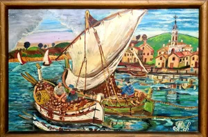 Naïve Style Harbour Scene with Fishing Boats, 1960s, Oil on Panel, Framed