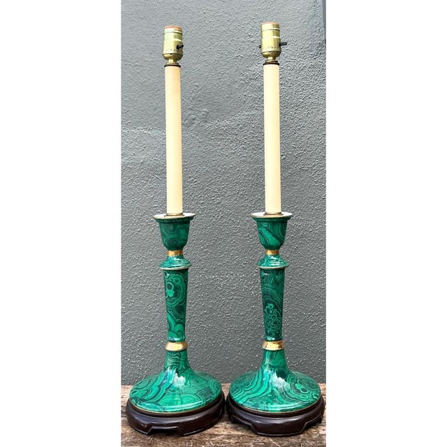 Metal Vintage Green Lacquered Candlestick Table Lamps - Pair For Sale - Image 7 of 12