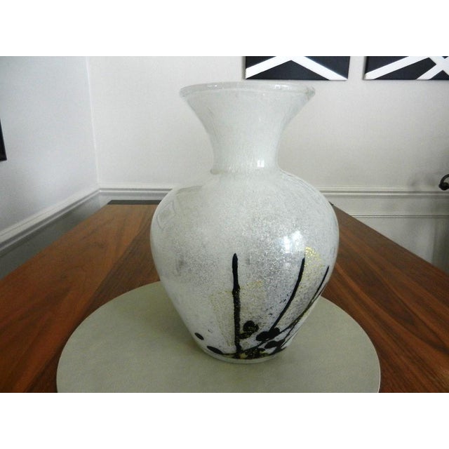 A vintage MCM Japanese Iwata art glass vase accented by black and gold abstract lines. An elegant design vase with "bubble...