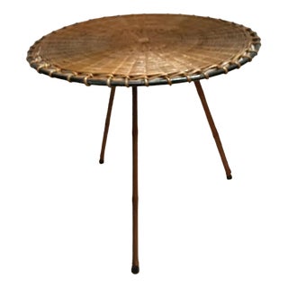 Rattan and Leather Side Table by Jacques Adnet, 1950s For Sale