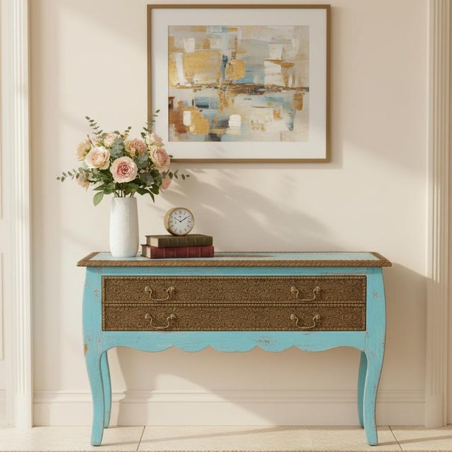 Dimensions: 36" W x 18" D x 31" H This stunning vintage console table from India is a true statement piece, blending rich...