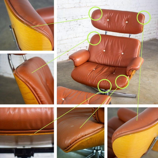 MCM Style Mid to Late 20th Century Plycraft Lounge Chair & Ottoman in Saddle Color Italian Leather For Sale - Image 17 of 18