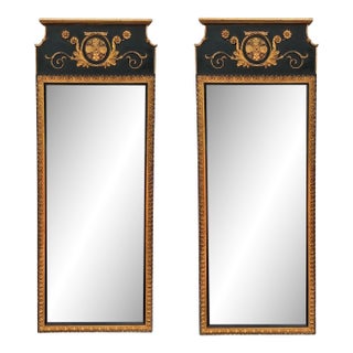 Mid-Century Italian Neo-Classical Style Ebony & Giltwood Trumeau Mirrors - Pair For Sale