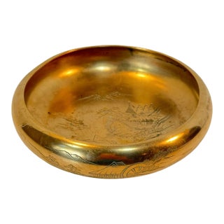 Vintage Brass Asian Landscape Bowl Engraved Chinoiserie Decor 9.25” For Sale