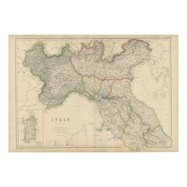 Antique Hand-Colored Political Map of Italy, 1860 For Sale