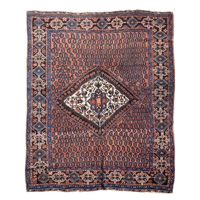 Persian Square Antique Village Tribal Rug Mallard Greens, Terracotta 5.2 x 6.3 For Sale - Image 3 of 9