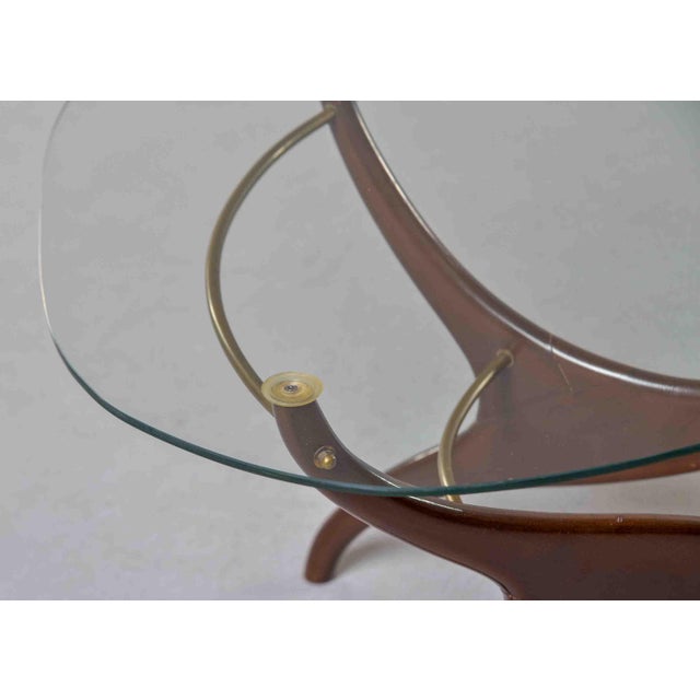 Wood Italian Mid-Century Sculptural Walnut and Brass Cocktail Table With Triangular Glass Top For Sale - Image 7 of 11