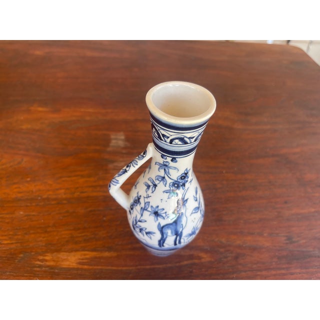 Workaday Handmade 1970s Handpainted Portuguese Coimbra Ceramic Blue & White Bud Vase For Sale - Image 4 of 5